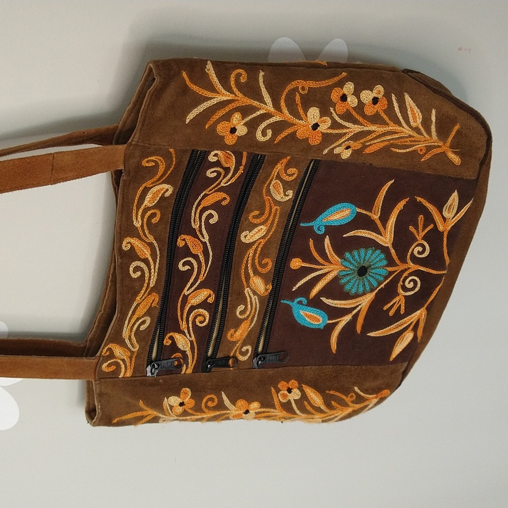 Bohemian Made In Nepal Brown & Turquoise Embroidered Faux Suede Shoulder Bag